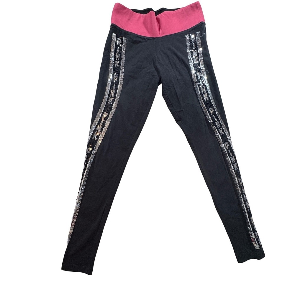 Victoria's Secret PINK Yoga Leggings Womens Small Black Pink Sequin Logo Stripe